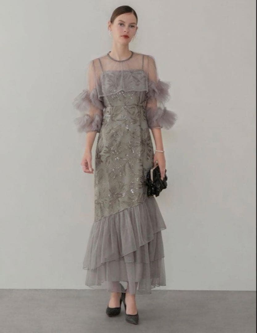 leja フラワースパンコールチュールフリルスリーブIラインワンピースドレス