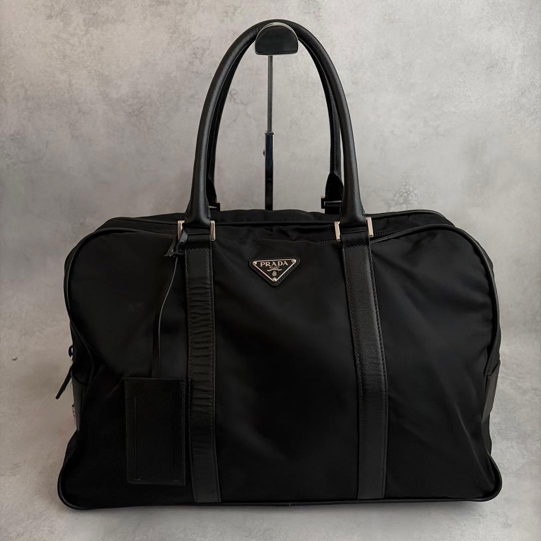 【美品✨】PRADA ボストントート　ナイロン×サフィアーノレザー　黒　三角ロゴ