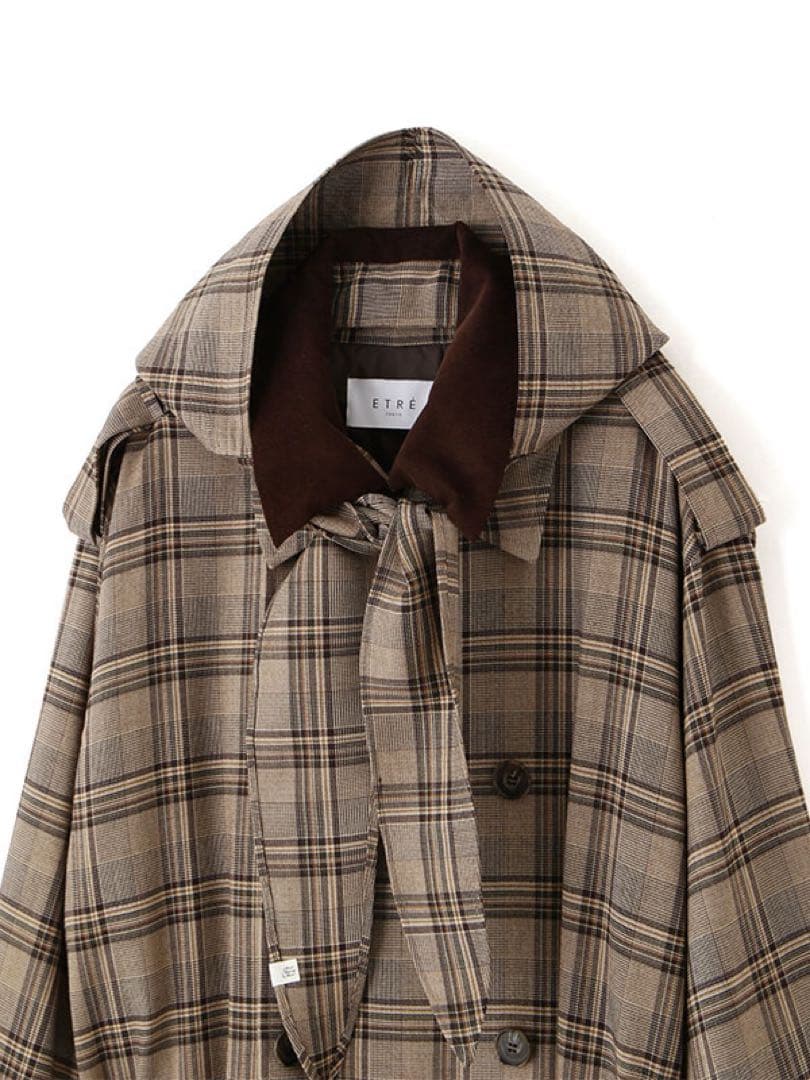 新品☆エトレトウキョウ　フードストールロングトレンチコート　チェックS