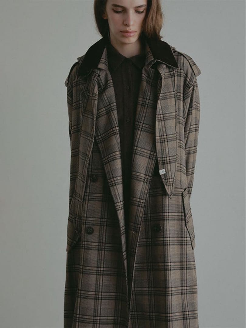 新品☆エトレトウキョウ　フードストールロングトレンチコート　チェックS