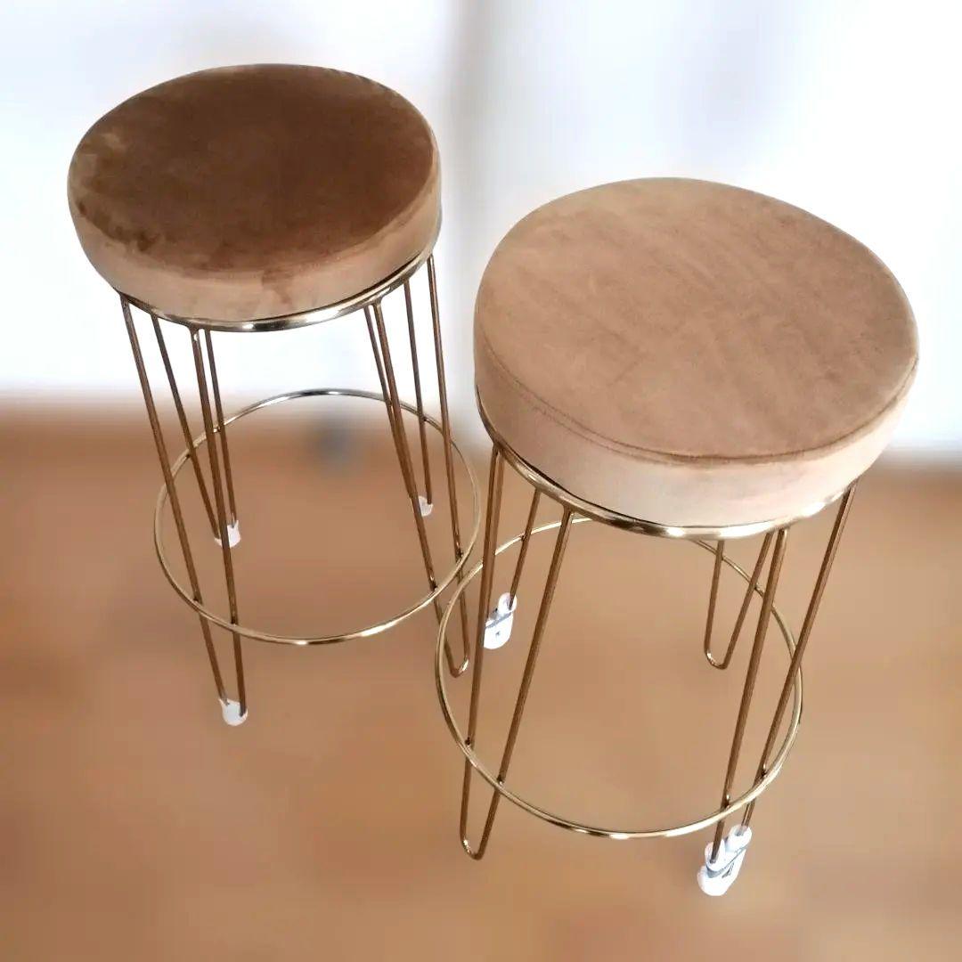 ハイスツール ベロア ゴールド脚 丸型　カウンターチェア　2脚セット