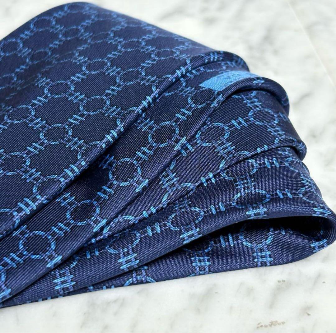 HERMES エルメス ネクタイ ネイビー チェック柄 パターン柄 フランス製