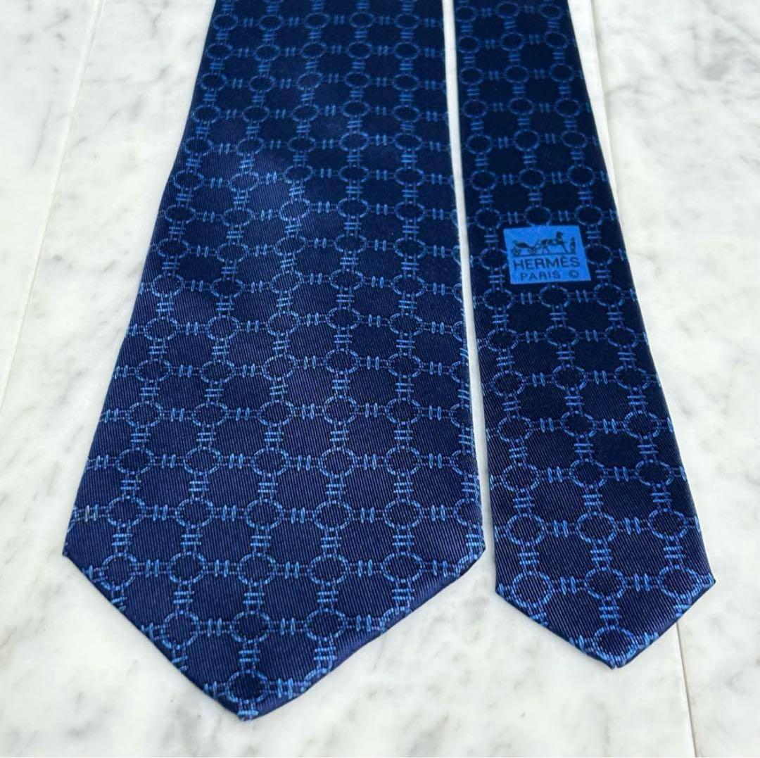 HERMES エルメス ネクタイ ネイビー チェック柄 パターン柄 フランス製