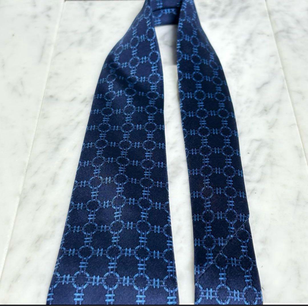HERMES エルメス ネクタイ ネイビー チェック柄 パターン柄 フランス製