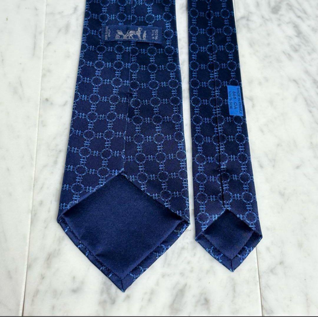 HERMES エルメス ネクタイ ネイビー チェック柄 パターン柄 フランス製