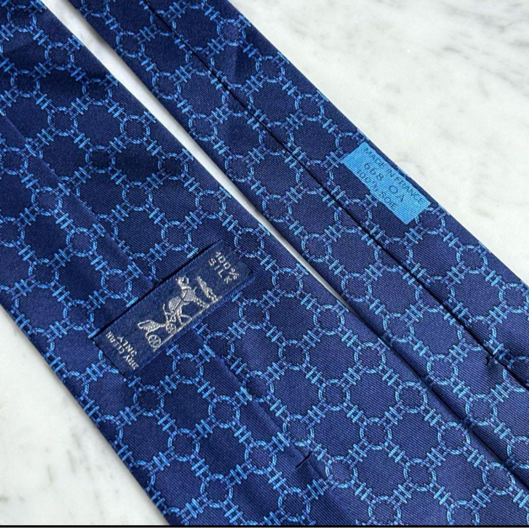 HERMES エルメス ネクタイ ネイビー チェック柄 パターン柄 フランス製