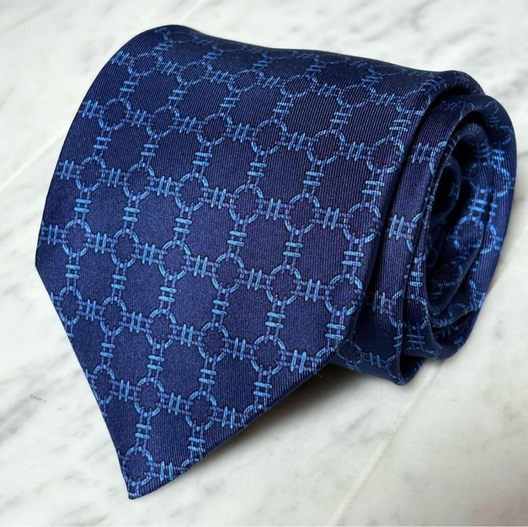 HERMES エルメス ネクタイ ネイビー チェック柄 パターン柄 フランス製