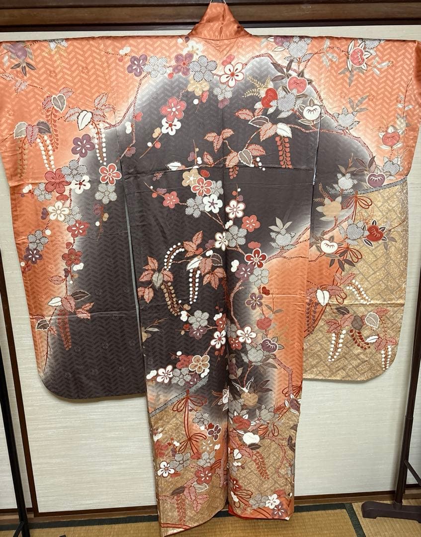 吾妻徳穂 落款あり 身丈158 オレンジ桜橘 振袖