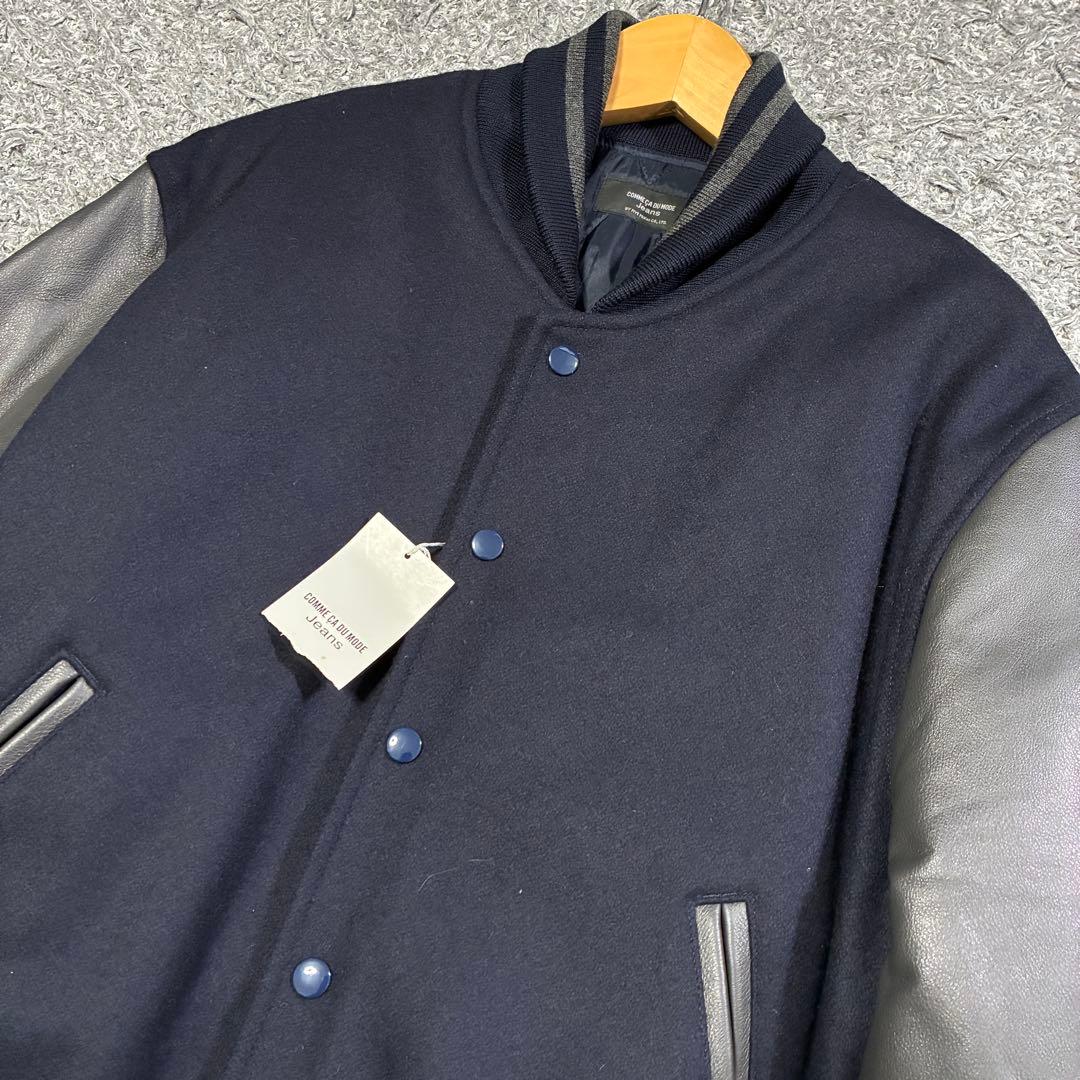 【未使用】COMME ÇA DU MODE Jeans 袖革スタジャン 紺×黒