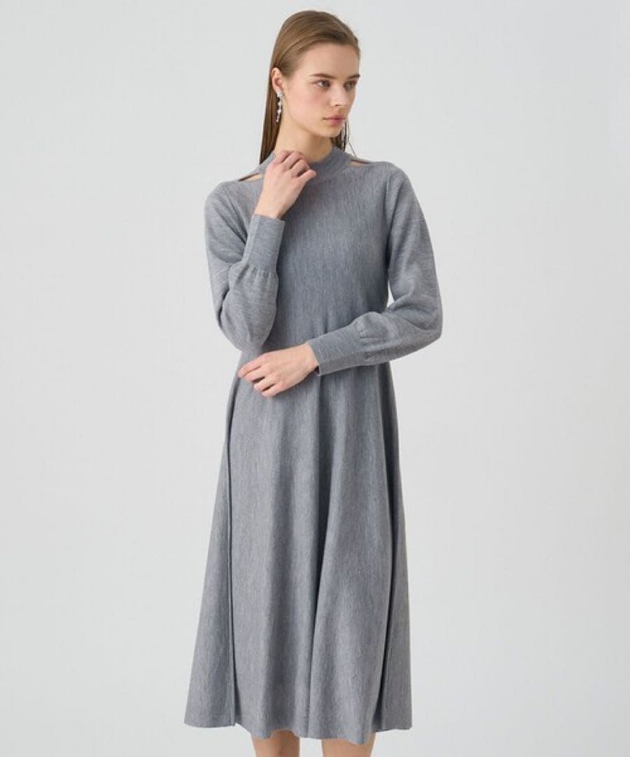 【1253】新品　アナイ　メリノウールショルダースリットワンピース　グレー　38