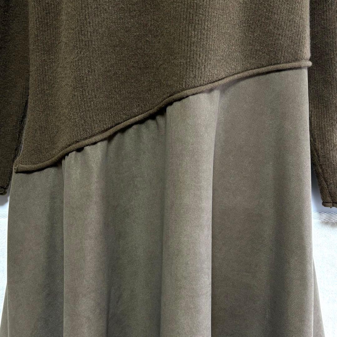 PLUS OTO.HA ボートネック ニット切替ワンピ カーキ F 新品