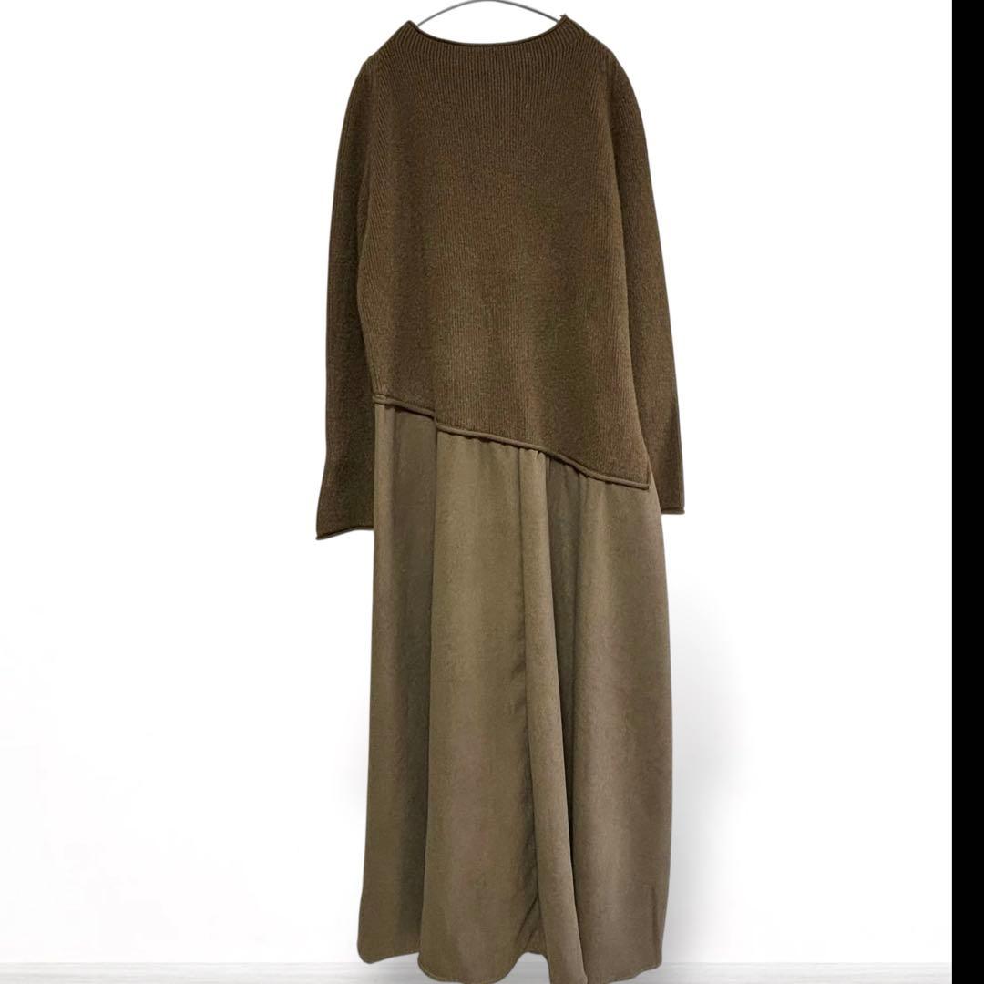 PLUS OTO.HA ボートネック ニット切替ワンピ カーキ F 新品