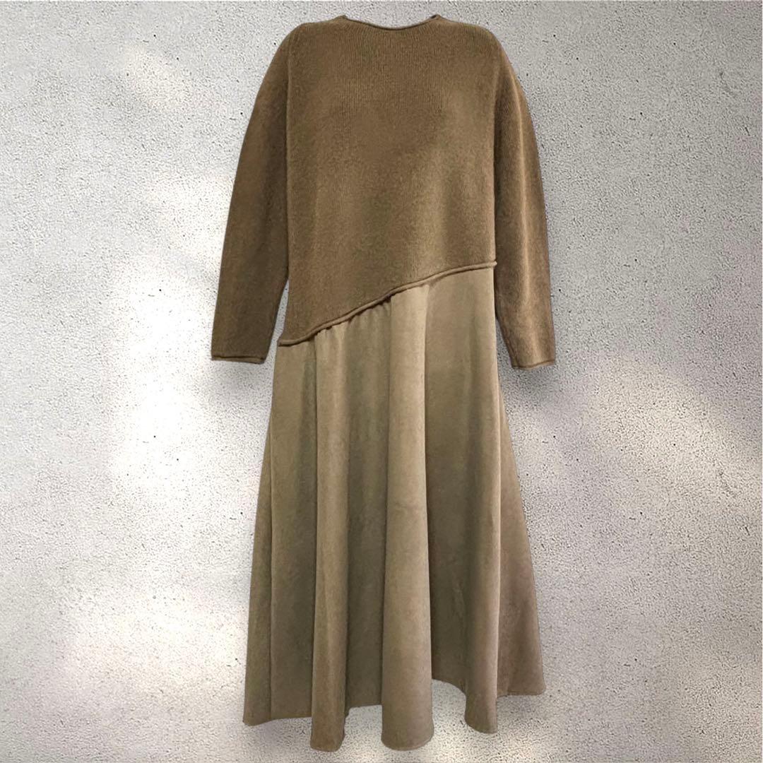 PLUS OTO.HA ボートネック ニット切替ワンピ カーキ F 新品