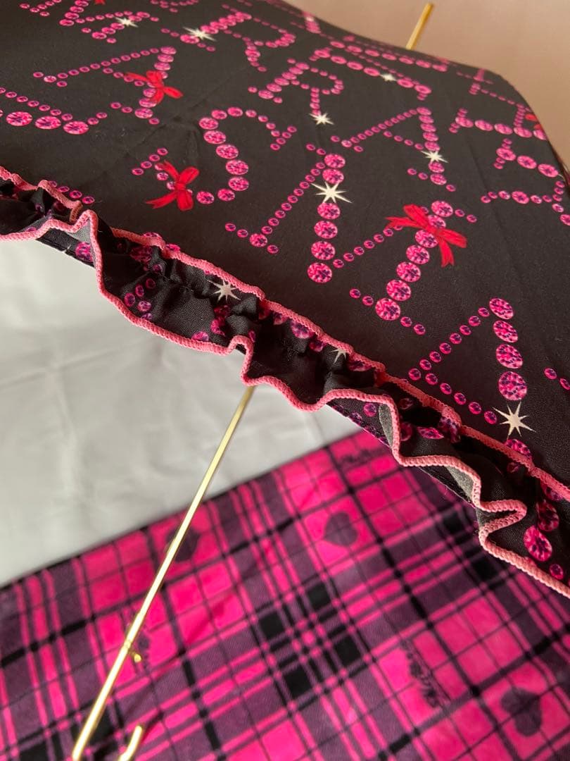 ★レア★　MARS マーズ　リボン付フリルMARSストーンロゴ柄長傘　黒✗ピンク