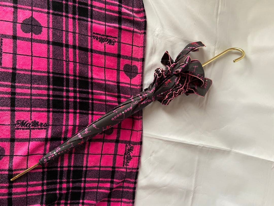 ★レア★　MARS マーズ　リボン付フリルMARSストーンロゴ柄長傘　黒✗ピンク