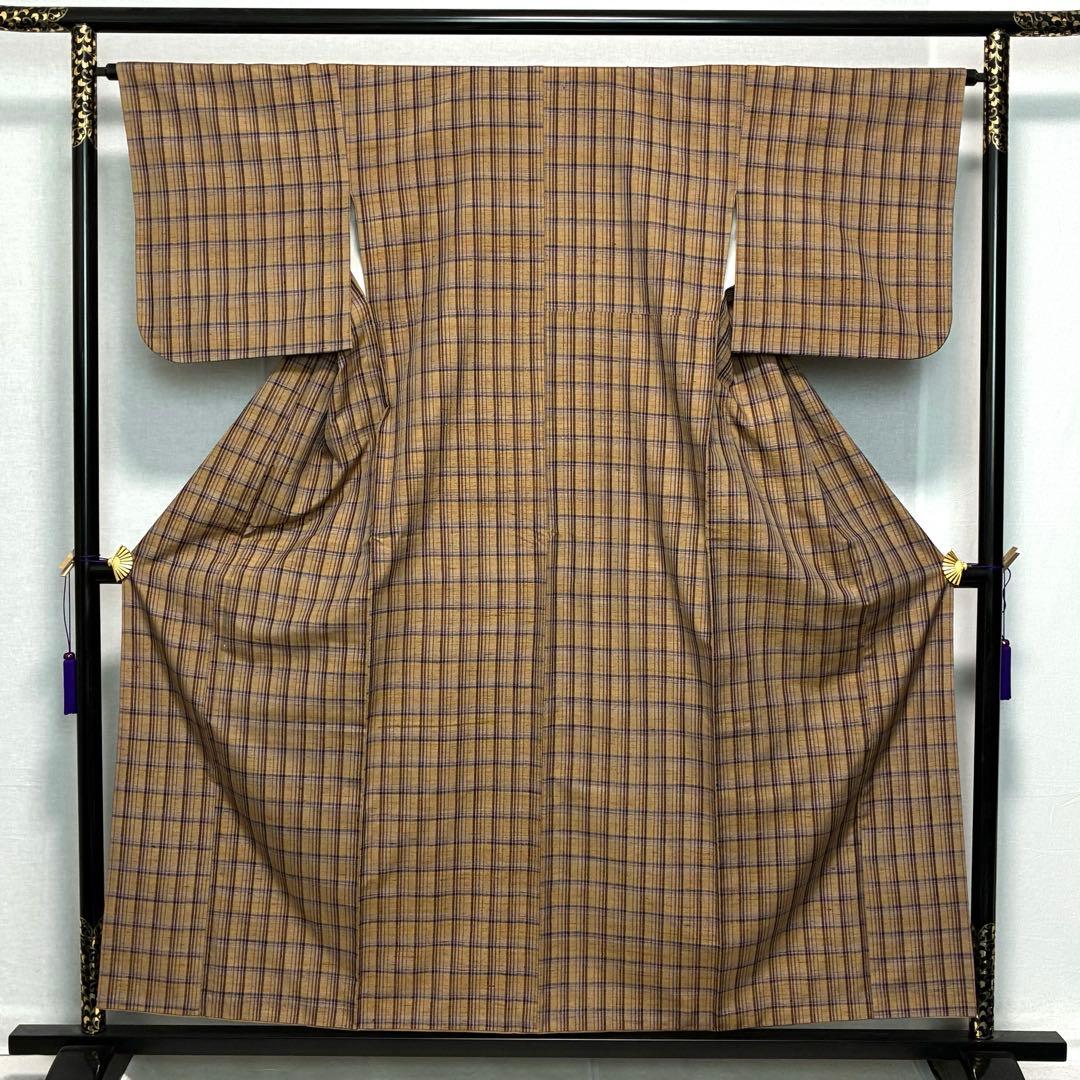 D152 郡上紬　格子柄　チェック　正絹　着物　袷　極美品