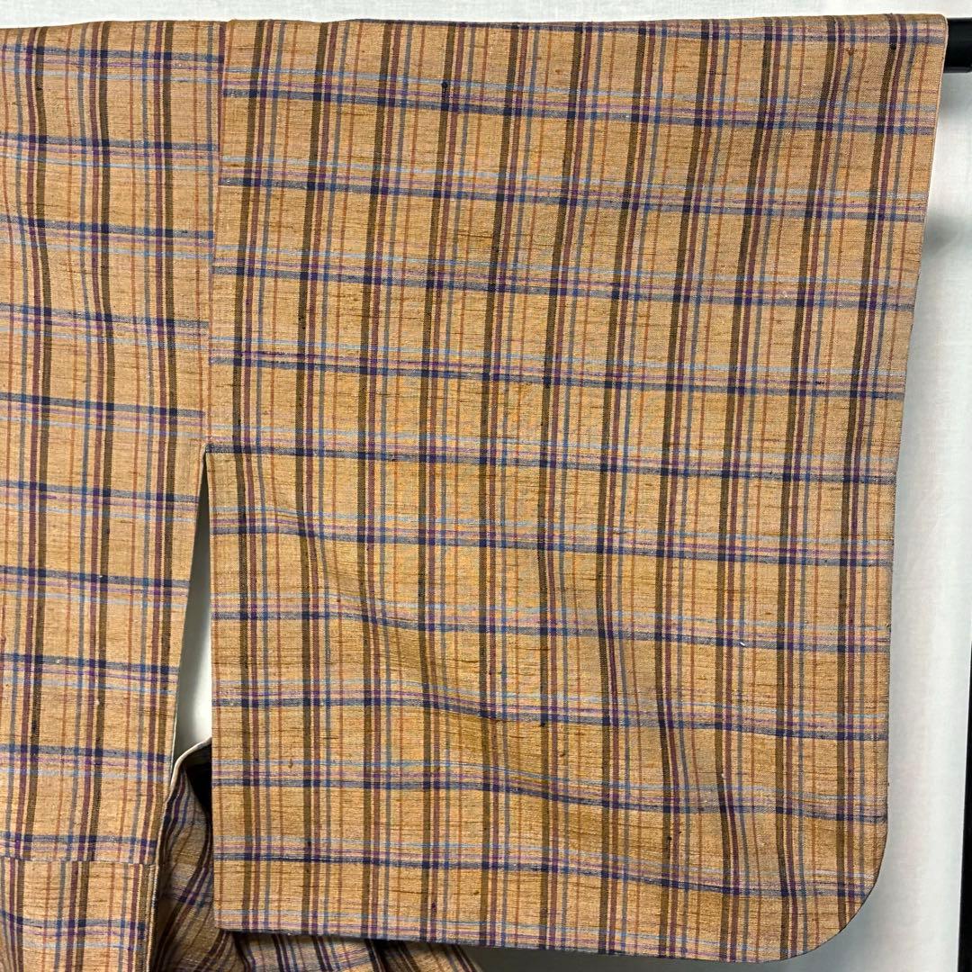 D152 郡上紬　格子柄　チェック　正絹　着物　袷　極美品