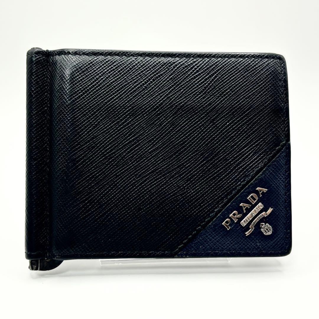 ✨現行品✨PRADA マネークリップ　サフィアーノレザー　メタルロゴ　ブラック