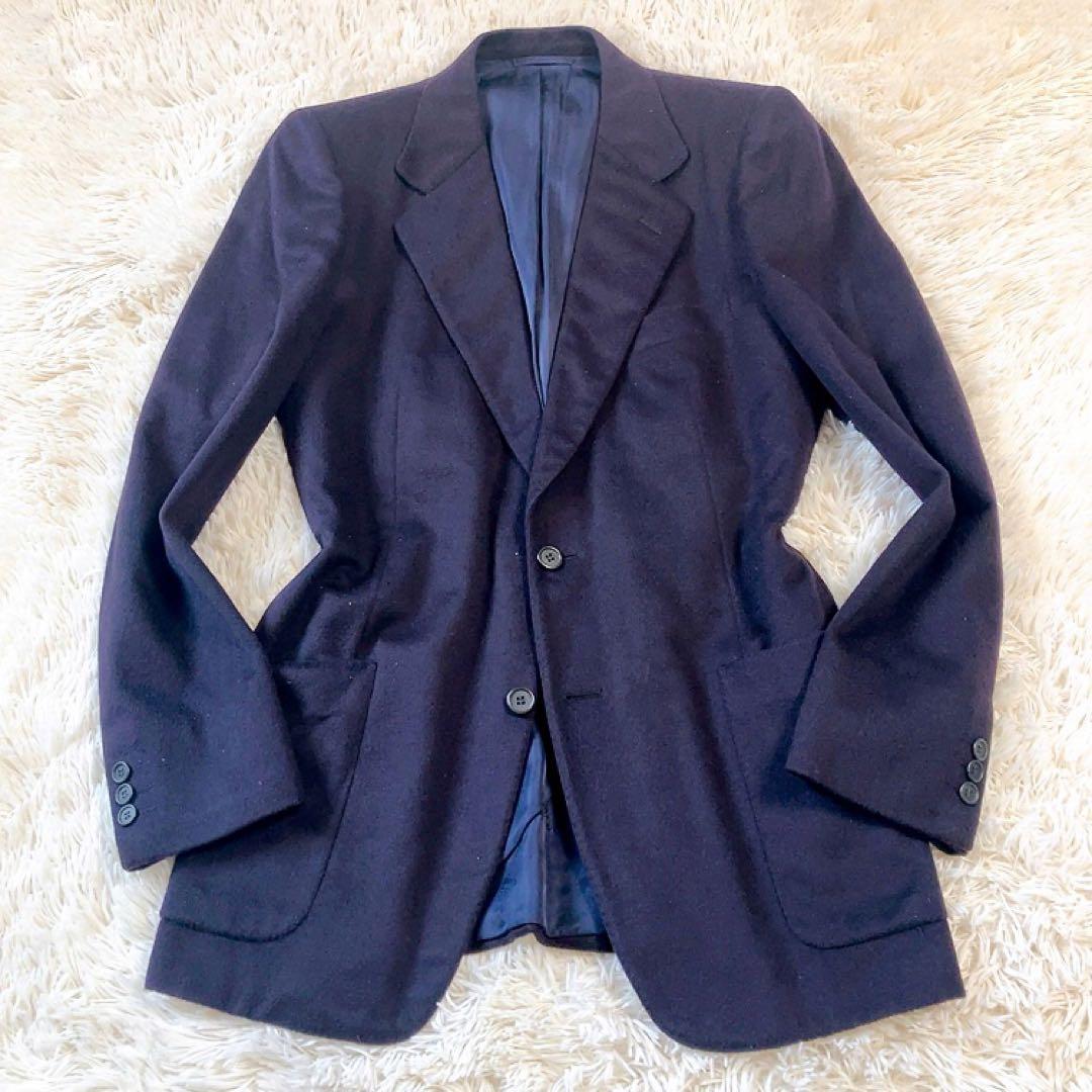 【カシミヤ100%・ロゴ総柄】LANVIN　テーラード　ネイビー　L　美品　伊製