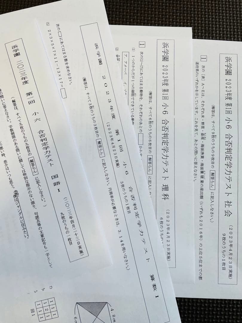 浜学園　小6　2022年度、2023年度　4科目　合否判定学力テスト　2年分 t