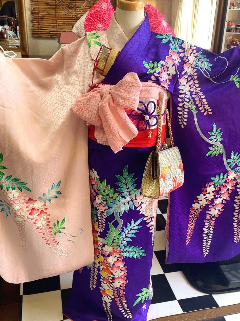 七五三7歳様フルセット紫とピンクの藤柄着物