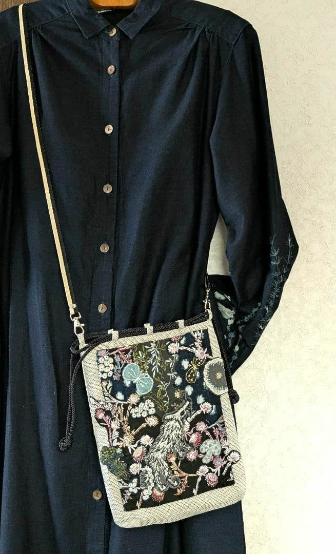 信玄袋「ガレ調」《藍染とWlof&Flower 》古布　ミナペルホネン　PJC