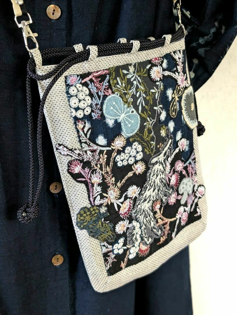 信玄袋「ガレ調」《藍染とWlof&Flower 》古布　ミナペルホネン　PJC