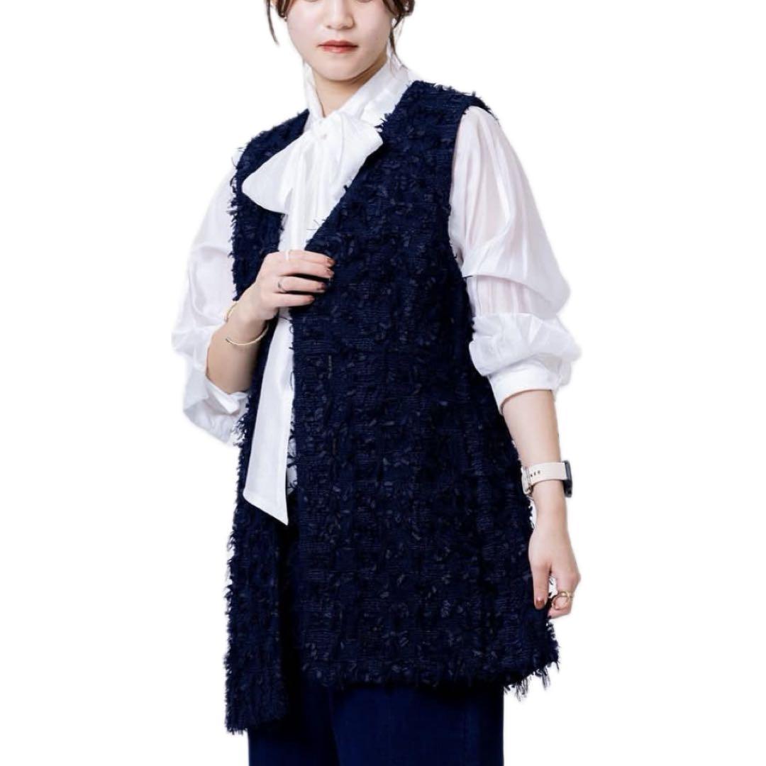 美品 ルーニィ LOUNIE カットジャガードジレ ネイビー 36 S