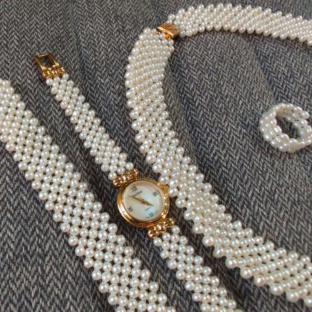 淡水真珠　ベビーパール　編み込み【ネックレス/時計/指輪/ブレスレット】セット