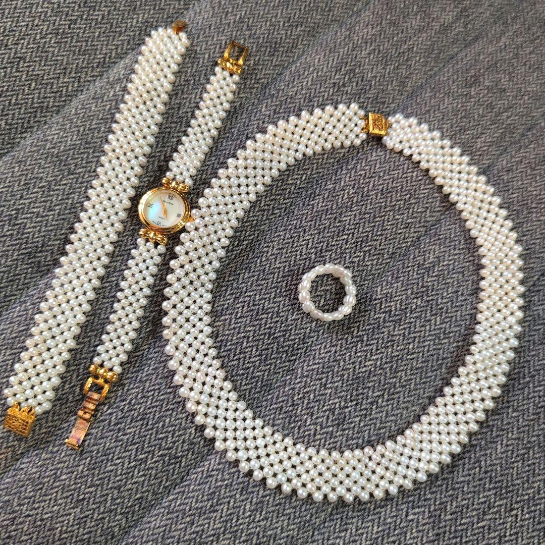 淡水真珠　ベビーパール　編み込み【ネックレス/時計/指輪/ブレスレット】セット