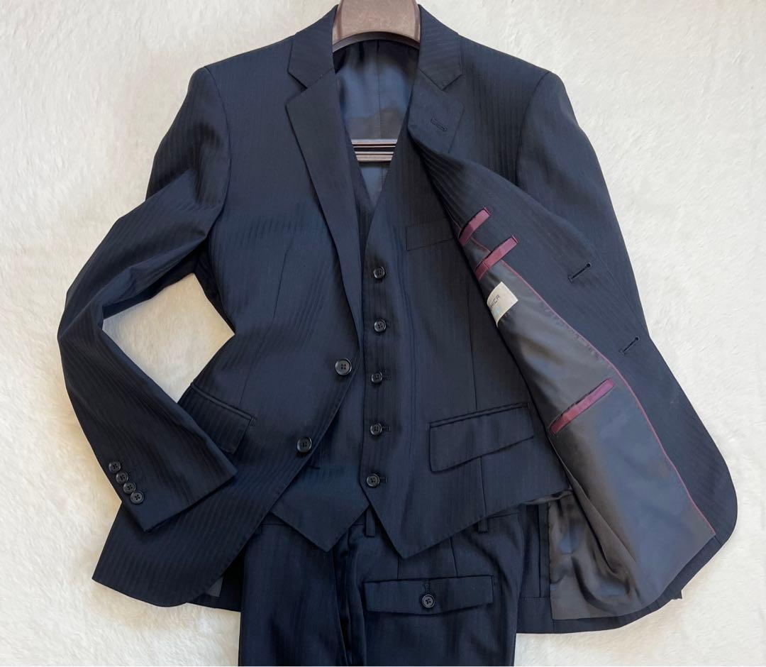 【未使用】スーツ　セットアップ　スリーピーススーツ　ブラック　ストライプ