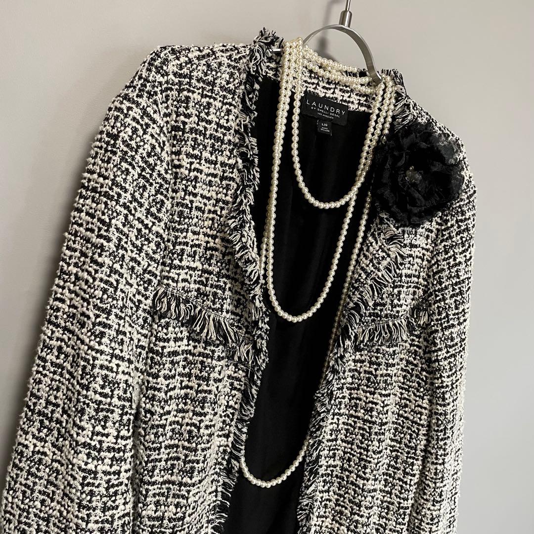 希少 UNDRY ツイード ノーカラーロングジャケット L セレモニー ゆったり