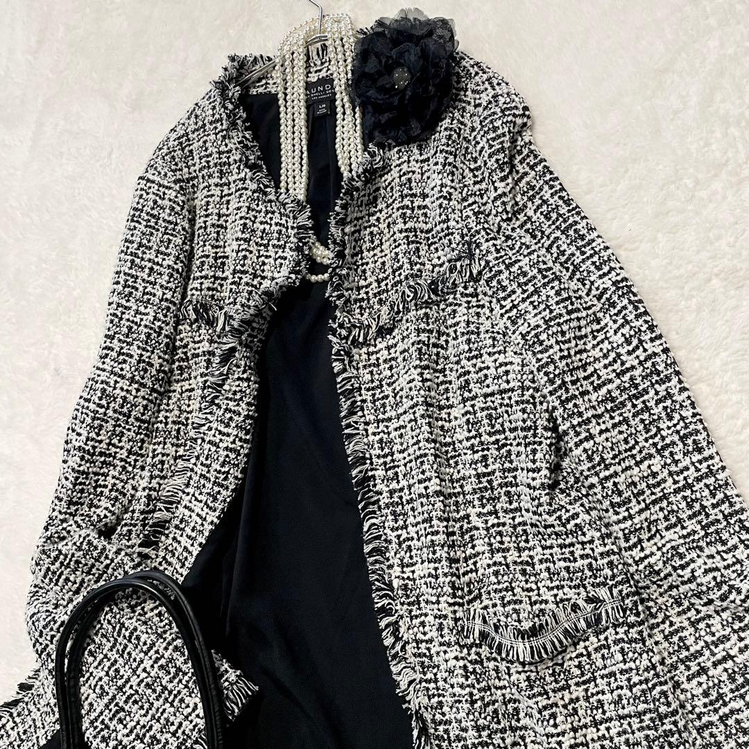 希少 UNDRY ツイード ノーカラーロングジャケット L セレモニー ゆったり