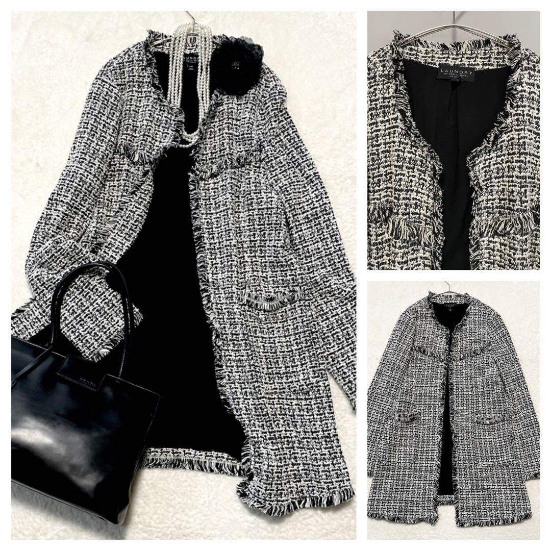 希少 UNDRY ツイード ノーカラーロングジャケット L セレモニー ゆったり