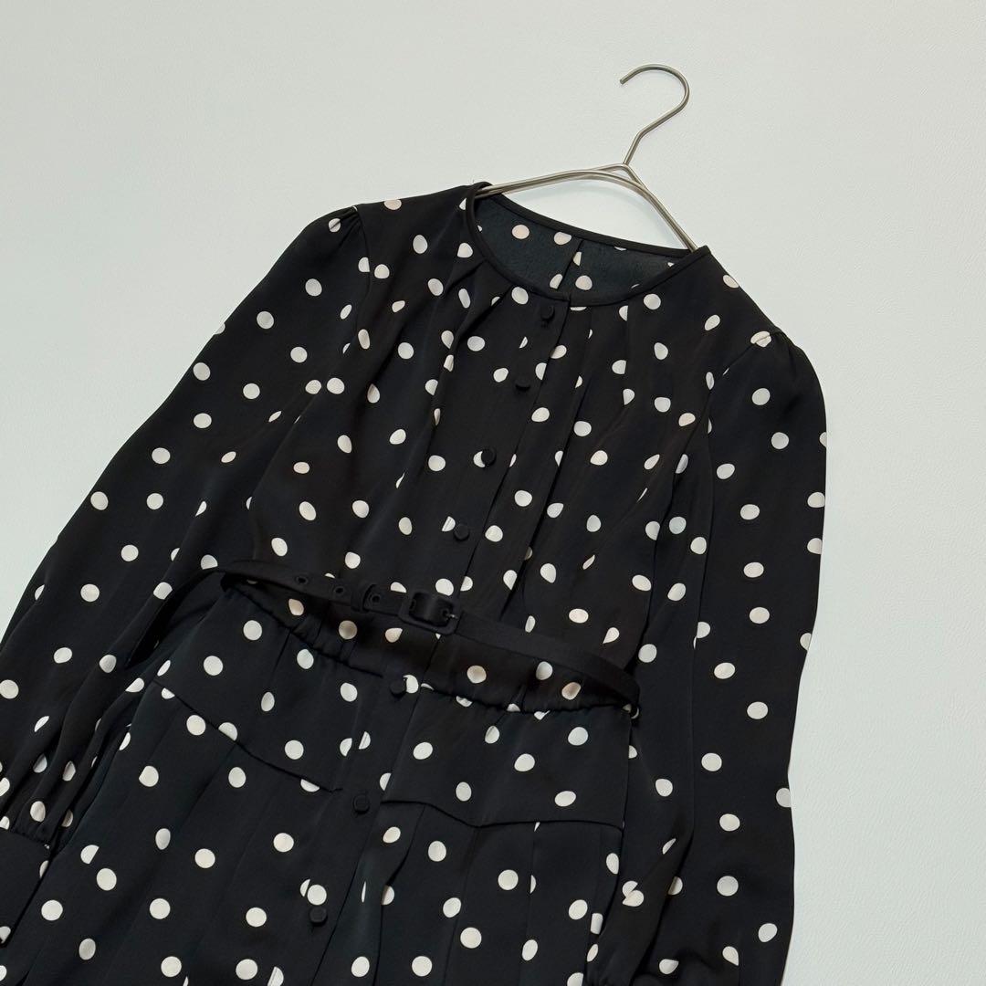 アナイ ANAYI サテンドットプリーツ切替ワンピース ロング丈 ベルト