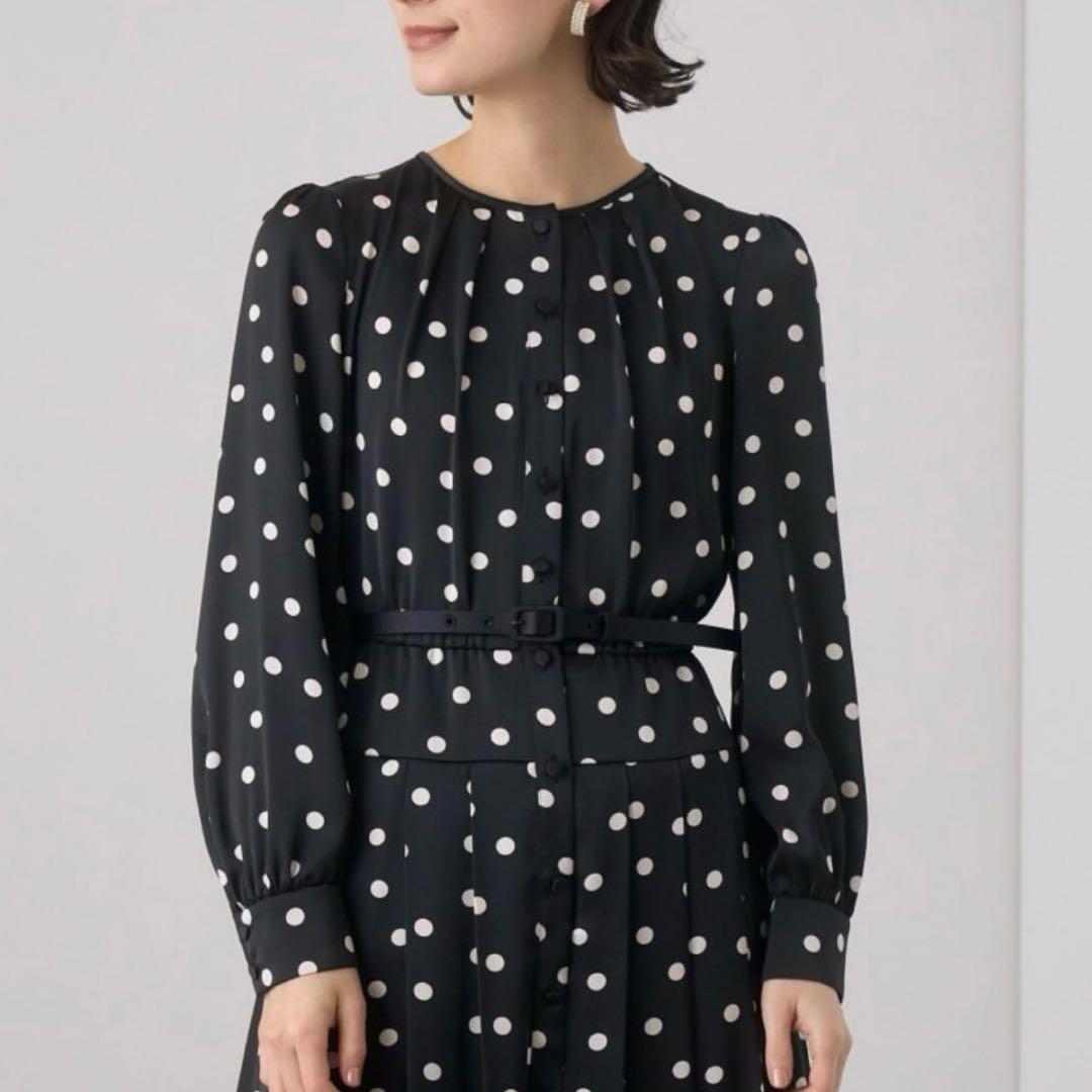 アナイ ANAYI サテンドットプリーツ切替ワンピース ロング丈 ベルト