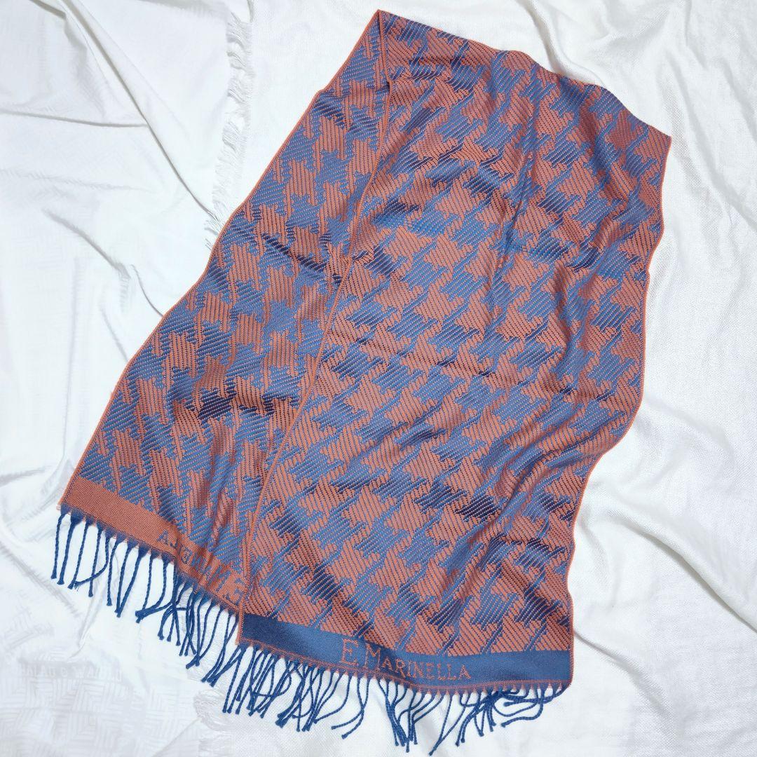 イーマリネッラE.MARINELLA千鳥格子柄ウールストールマフラー青橙ネクタイ