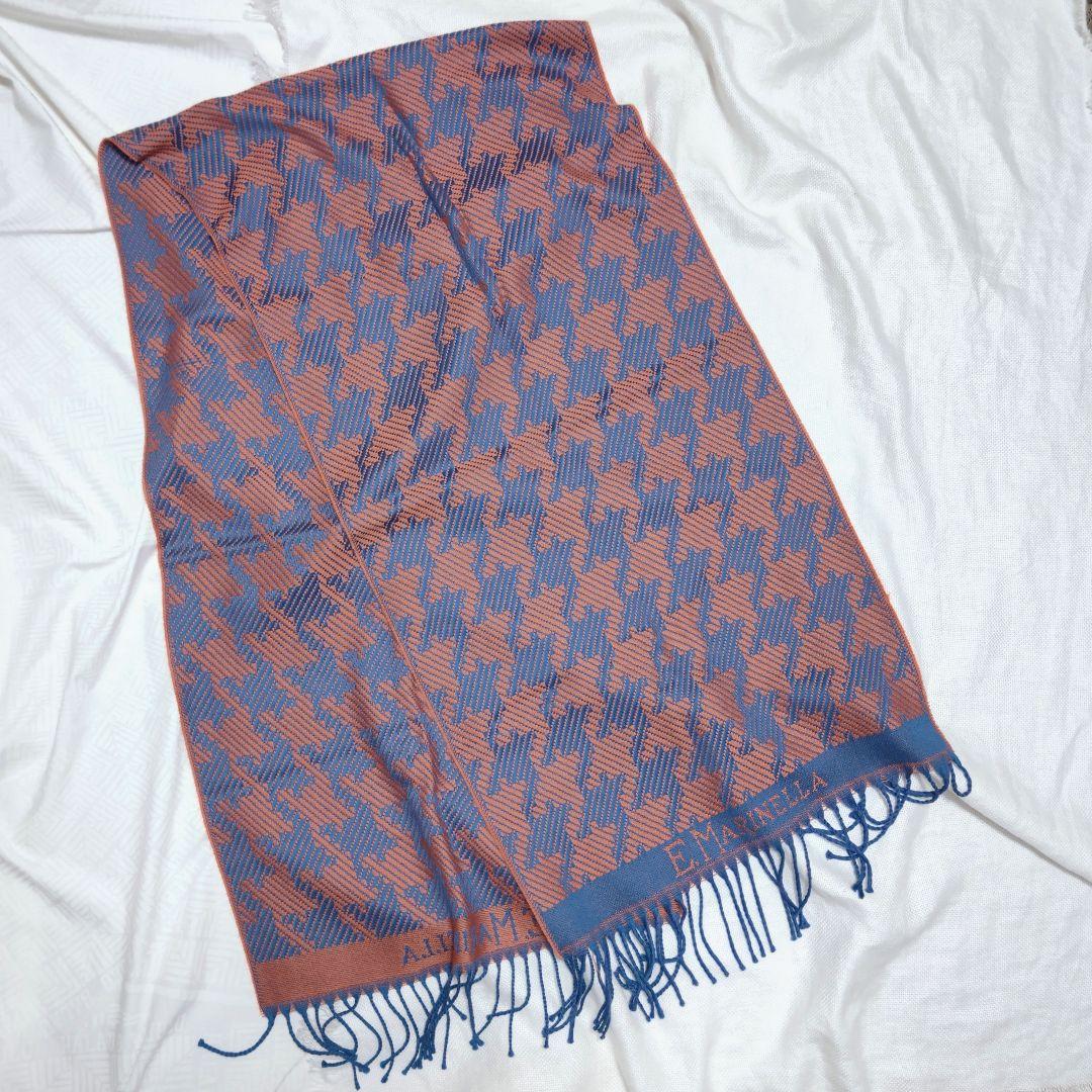 イーマリネッラE.MARINELLA千鳥格子柄ウールストールマフラー青橙ネクタイ