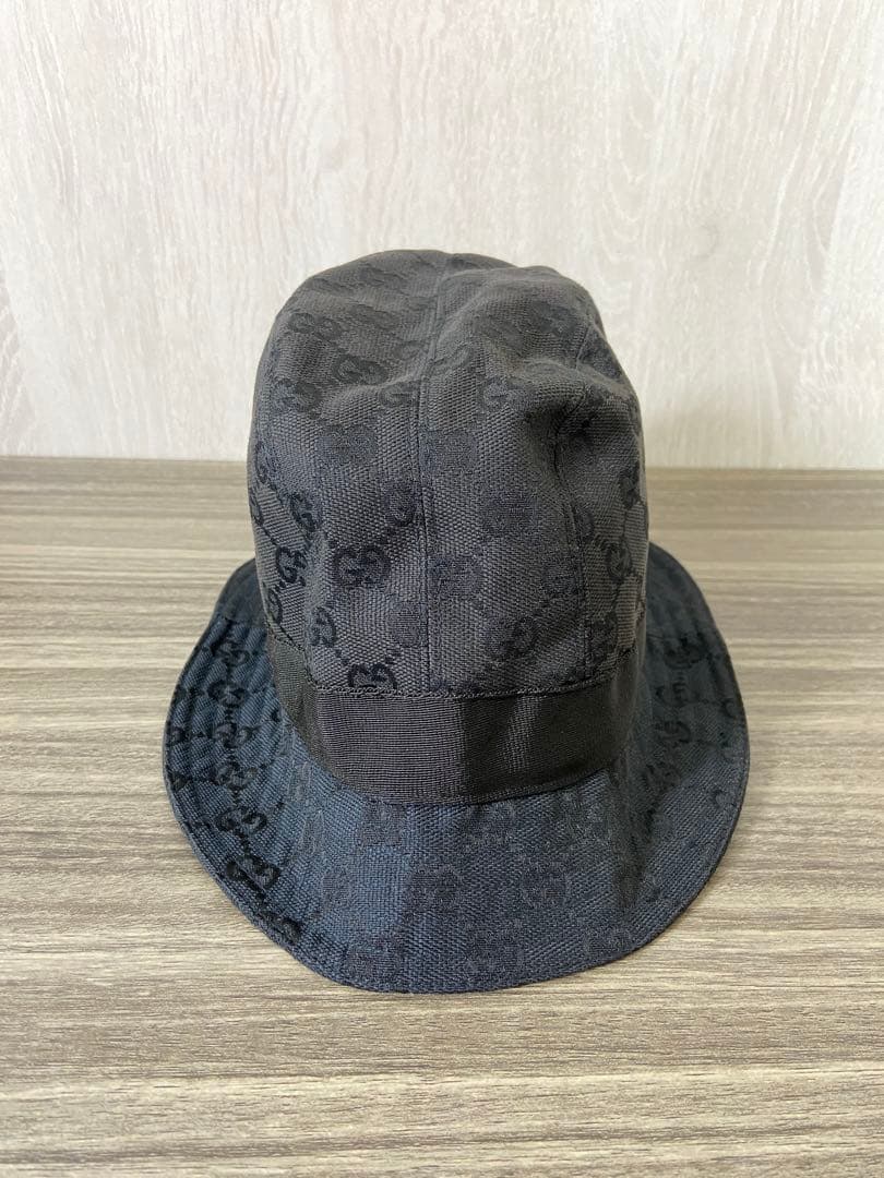 GUCCI バケットハット　帽子　GG柄　キャンバス　ブラック　レザー
