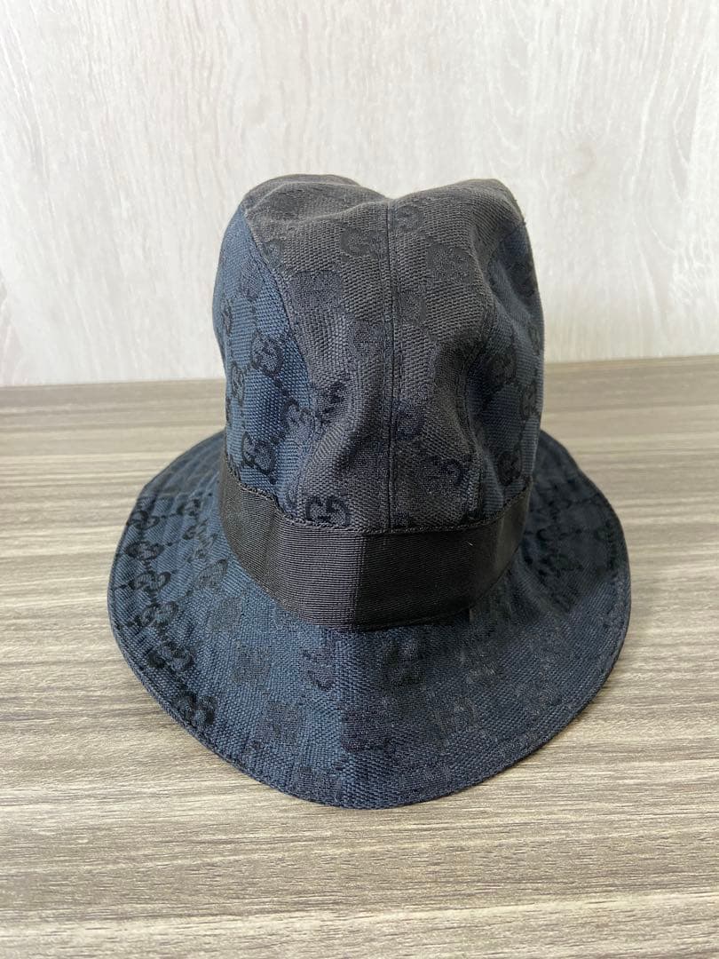 GUCCI バケットハット　帽子　GG柄　キャンバス　ブラック　レザー