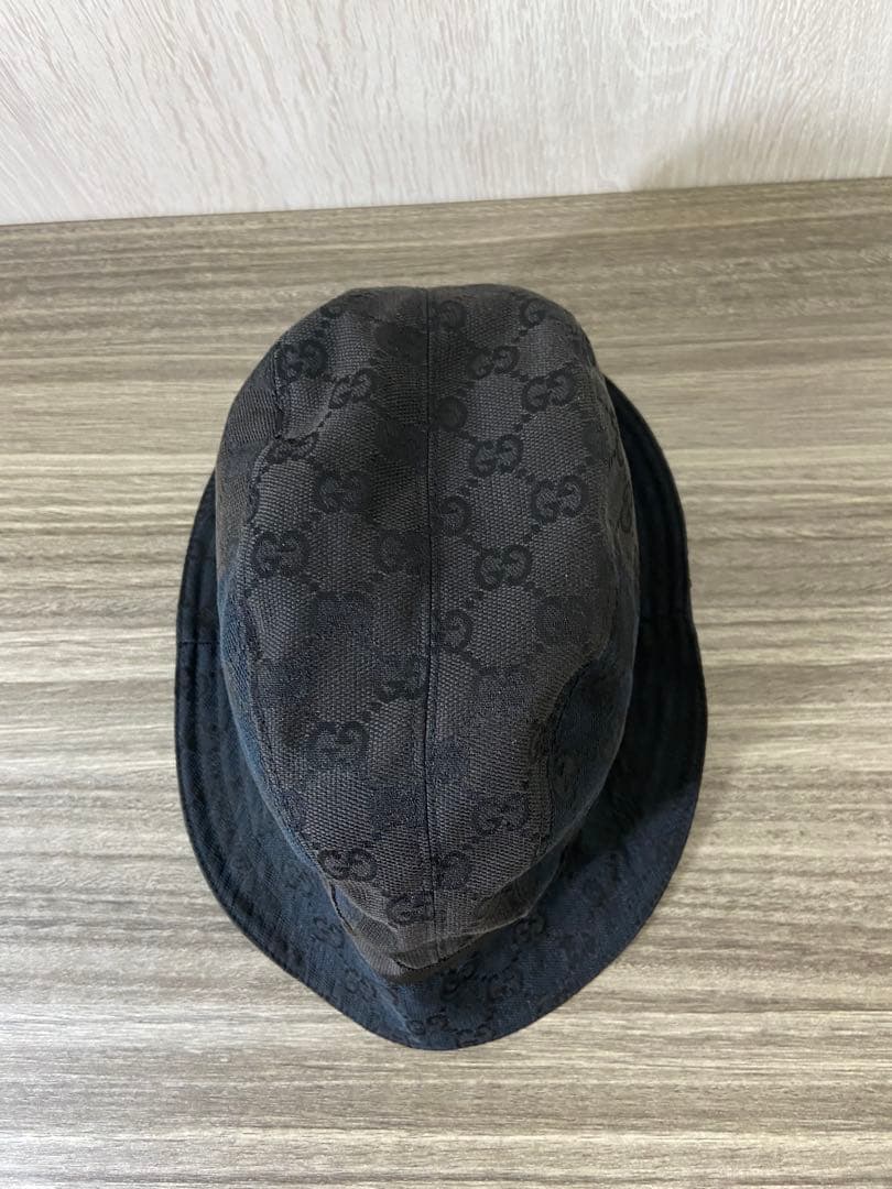 GUCCI バケットハット　帽子　GG柄　キャンバス　ブラック　レザー