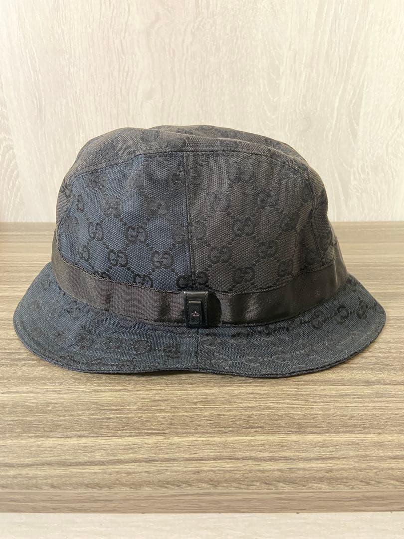 GUCCI バケットハット　帽子　GG柄　キャンバス　ブラック　レザー