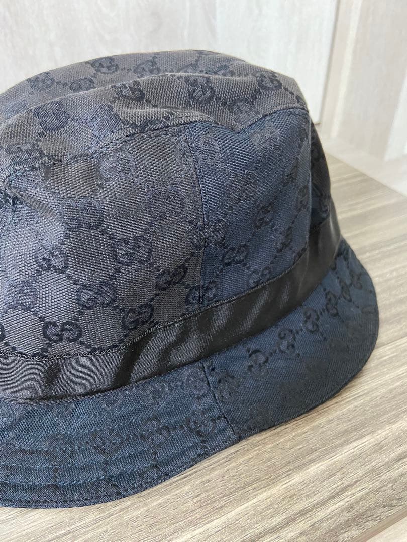 GUCCI バケットハット　帽子　GG柄　キャンバス　ブラック　レザー