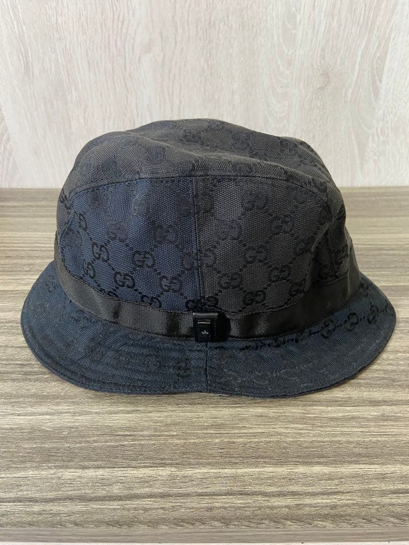 GUCCI バケットハット　帽子　GG柄　キャンバス　ブラック　レザー