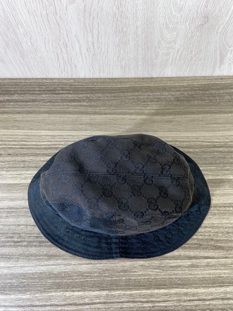 GUCCI バケットハット　帽子　GG柄　キャンバス　ブラック　レザー