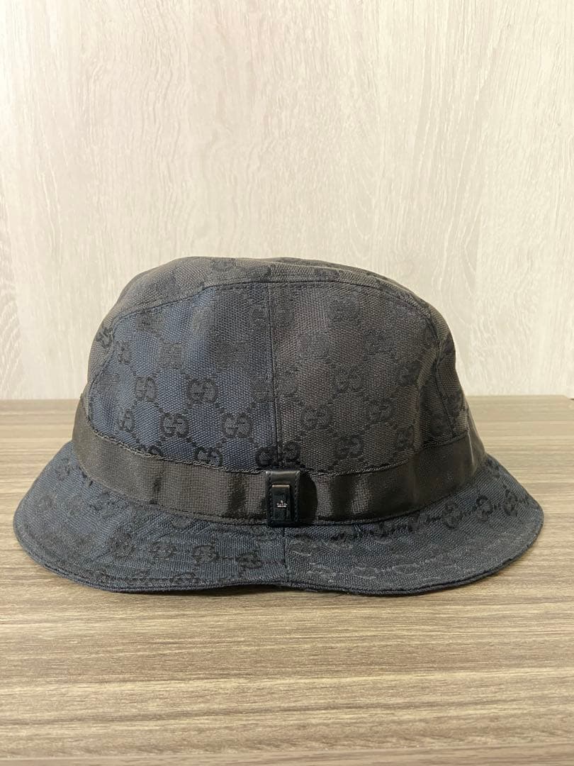 GUCCI バケットハット　帽子　GG柄　キャンバス　ブラック　レザー