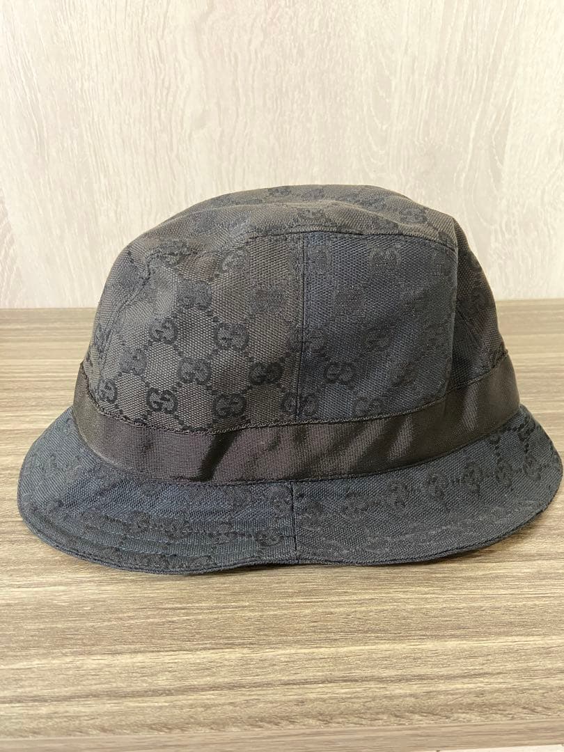 GUCCI バケットハット　帽子　GG柄　キャンバス　ブラック　レザー
