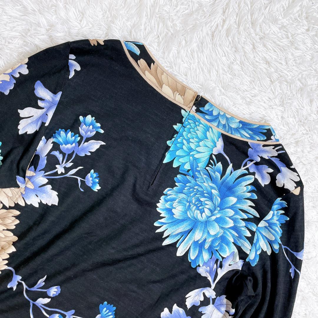 レオナール シルク混 長袖カットソー ブラック 花柄 トリム L
