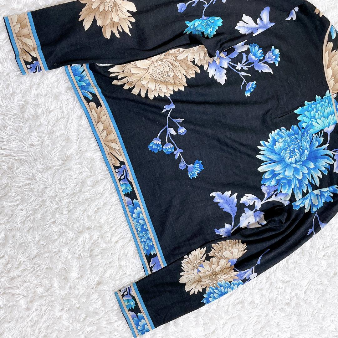 レオナール シルク混 長袖カットソー ブラック 花柄 トリム L