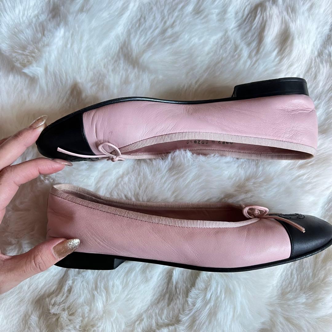 美品 CHANEL ココマーク リボンバレエシューズ ピンク ブラック